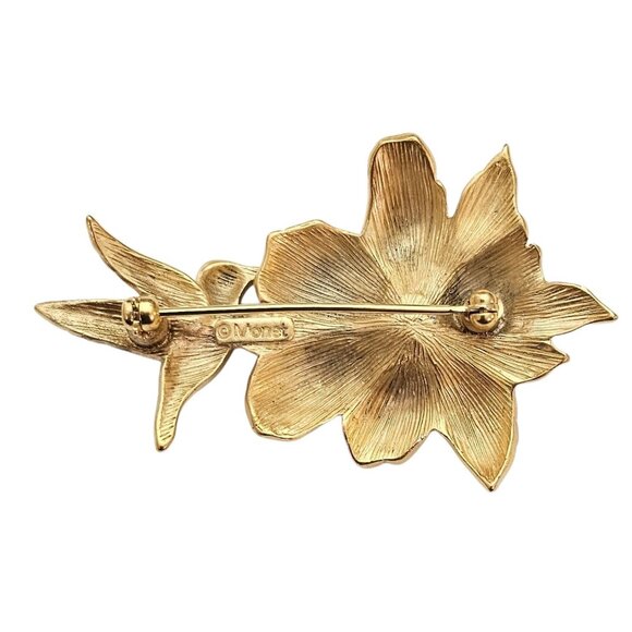 Monet Matte Gold Tone Hummingbird Flower Brooch Rhinestone Vintage Pin Signed,J1 - Picture 6 of 10